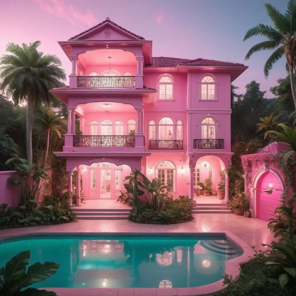 Prompt: A two-story pink house with a mystical and dreamy vibe, with a pink light coming from inside a hallway, a very beautiful pool. Beautiful vegetation all around at night. The house has 3 floors, on the second floor there is a very large balcony, on the third there is a roof area that leads down a water slide to the pool. The house does not have a conventional roof, its upper part is based on cylindrical and square shapes. 