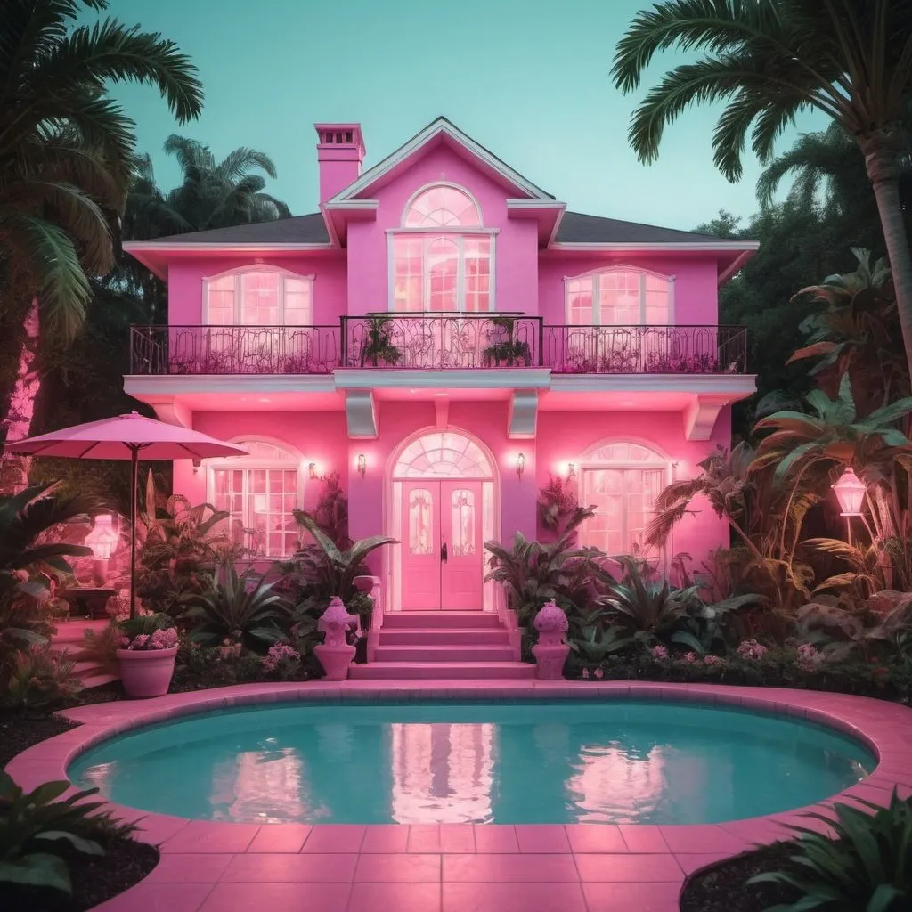 Prompt: A two-story pink house with a mystical and dreamy vibe, with a pink light coming from inside a hallway, a very beautiful pool in front with a water slide leading up to it. Beautiful vegetation all around at night. 