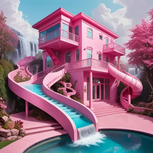 Prompt: a PINK modern building with a beautiful staircase leading to the second floor, a pool that receives a waterfall and a waterslide coming from the second floor, David LaChapelle, magical realism, kinkade, conceptual art