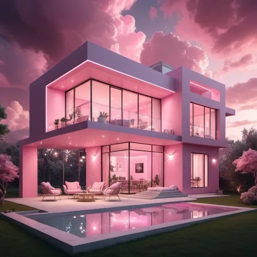 Prompt: Soft pink 2-story house, mystical, futuristic vibe with beautiful lights in the room, modern appearance, with windows and balcony, pink clouds at night and beautiful outdoor environment  