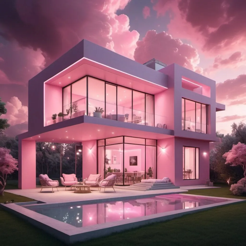 Prompt: Soft pink 2-story house, mystical, futuristic vibe with beautiful lights in the room, modern appearance, with windows and balcony, pink clouds at night and beautiful outdoor environment  