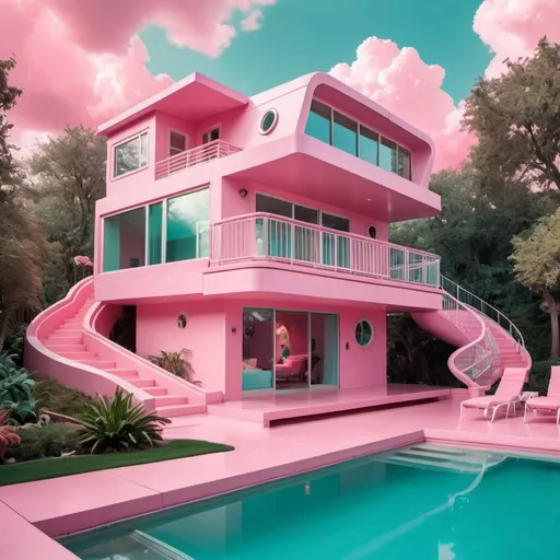 Prompt: A two-story soft-pink house, futuristic-modern house, David LaChapelle core, realism, art, aqua-slide, pool, not-common house shape, cute decoration, with trees in the background and a pink sky with clouds and a waterfall