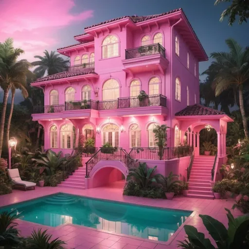 Prompt: A two-story pink house with a mystical and dreamy vibe, with a pink light coming from inside a hallway, a very beautiful pool. Beautiful vegetation all around at night. The house has 3 floors, on the second floor there is a very large balcony, on the third there is a roof area that leads down a water slide to the pool. The house does not have a conventional roof, its upper part is based on cylindrical and square shapes. 