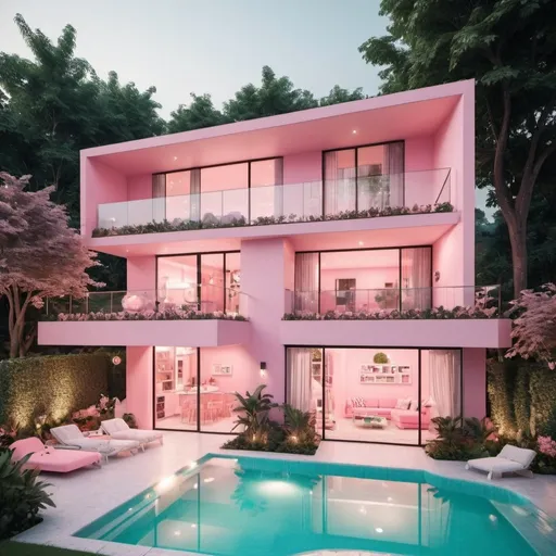Prompt: A two story soft pink house, with a fantastic cute modern mystycal apparence and a slide from the top of the house to the beautiful pool, night scenery and beautiful vegetation. The house has a modern appearance and is not very linear in shape but have some cute outdoors garden and decoration