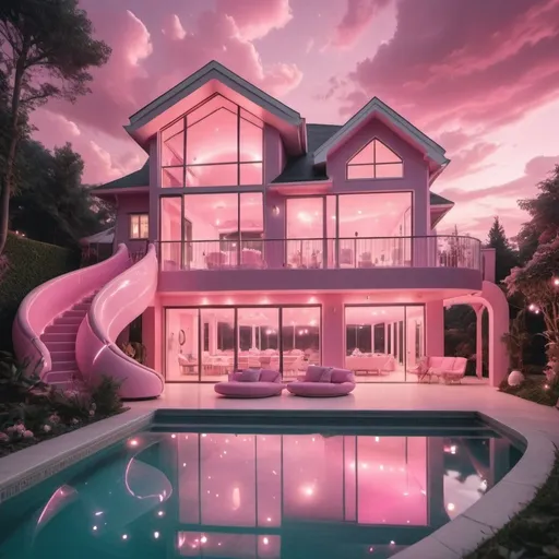Prompt: Soft pink 2-story but big house, mystical and fairy aesthetic with beautiful lights in the room, with windows, balcony, and a slide to the pool, futuristic vibes, pink clouds at night and a comforting and beautiful outdoor environment 