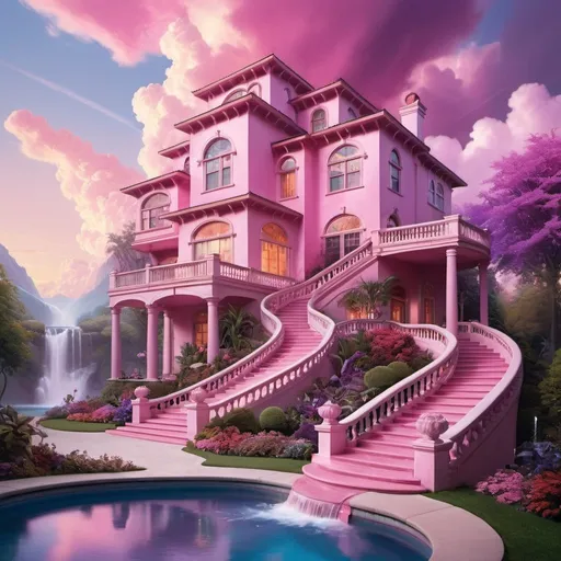 Prompt: a modern soft pink building with a beautiful staircase leading to the second floor, a pool that receives a waterfall and a waterslide coming from the second floor, behind the house is a beautiful florest and sky with pink and purple clouds, David LaChapelle, magical realism, kinkade, conceptual art