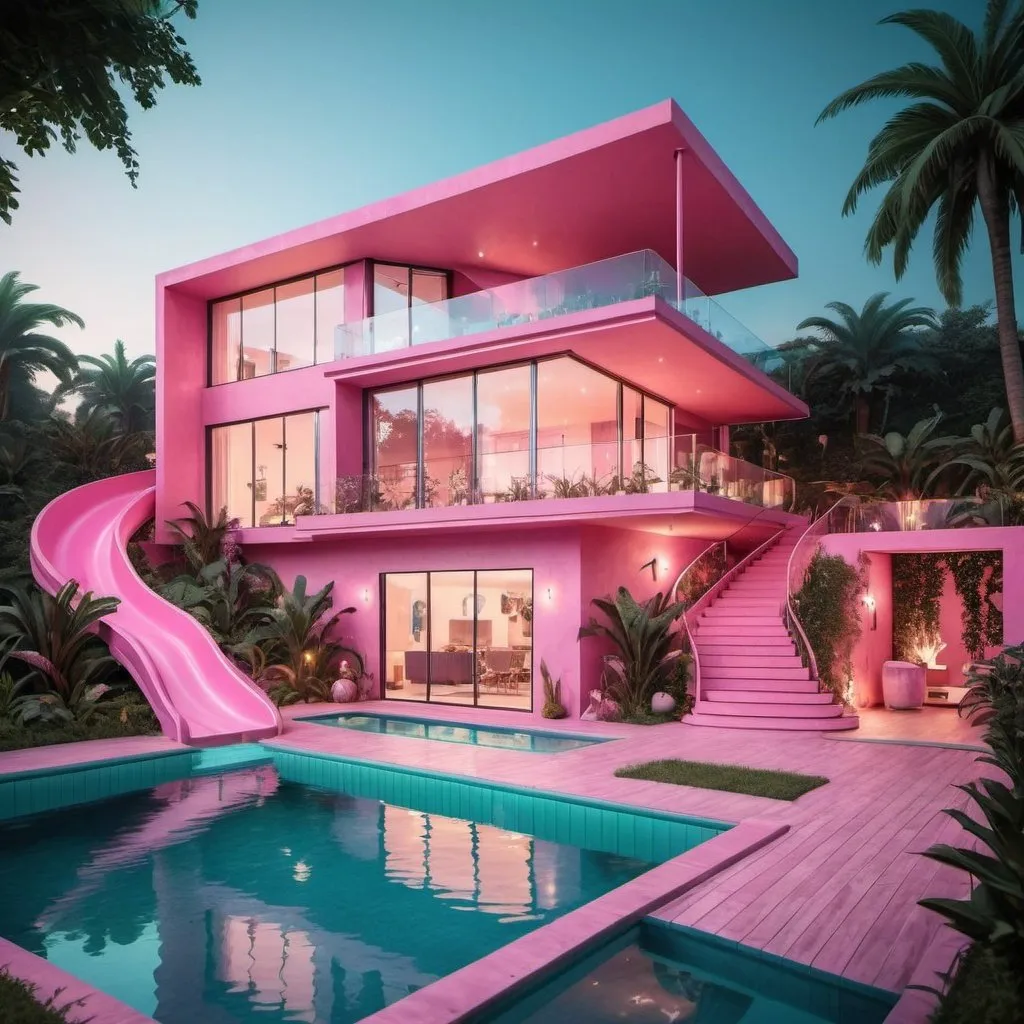 Prompt: A three-story pink house, with a fantasy, modern and mystical appearance, a beautiful pool and a slide from the third floor to the pool, night scenery and beautiful vegetation. The house has a modern appearance and is not very linear in shape. 