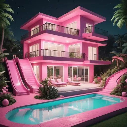 Prompt: A three-story pink house, with a fantasy, cute, modern and mystical appearance, a beautiful pool and a slide from the third floor to the pool, night scenery and beautiful vegetation. The house has a modern appearance and is not very linear in shape but have some cute outdoors stufs
