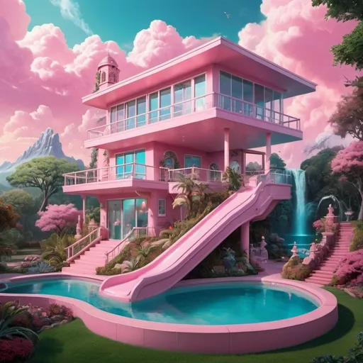 Prompt: A two-story soft-pink house, futuristic house, David LaChapelle core, magic realism, kinkade, concept art, aqua-slide, pool, night scenario, not-common house shape, cute decoration, with trees in the background and a pink sky with clouds and a waterfall