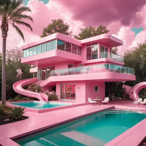 Prompt: A two-story soft-pink house, futuristic-modern house, David LaChapelle core, realism, art, aqua-slide, pool, not-common house shape, cute decoration, with trees in the background and a pink sky with clouds and a waterfall