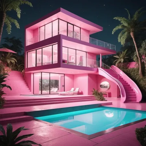 Prompt: A three-story pink house, with a fantasy, modern and mystical appearance, a beautiful pool and a slide from the third floor to the pool, night scenery and beautiful vegetation. The house has a modern appearance and is not very linear in shape. 