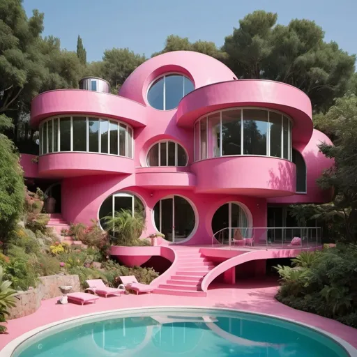 Prompt: A house with a modern and fanciful appearance in pink, with more circular shapes in its structure, two floors, with a swimming pool and vegetation  