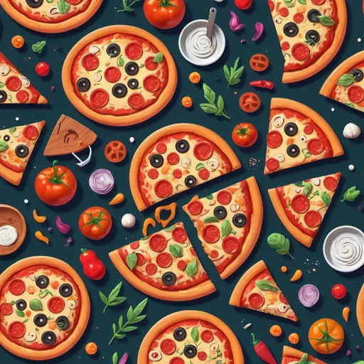 Prompt: (quirky fun illustration), inviting pizza graphics, vibrant colors with playful animations, toppings and ingredients scattered whimsically, cozy college atmosphere, cartoon-style characters engaging in DIY pizza-making, lively layout, bright and cheerful vibes, detailed pizza equipment and decorations, enticing background elements of a cheerful kitchen, suitable for a college project, high quality, 4K, ultra-detailed.