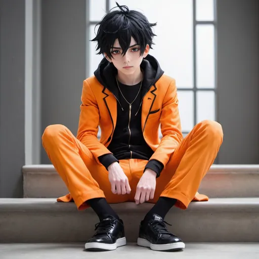 Prompt: A anime boy with a orange suit and black sock with black shoes with black and orange hair