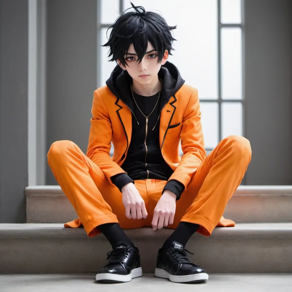 A anime boy with a orange suit and black sock with b...