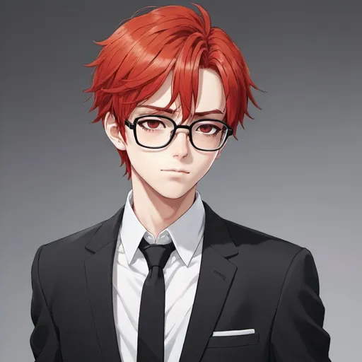 Prompt: A anime boy with office black and white suit and red hair with black glasses 