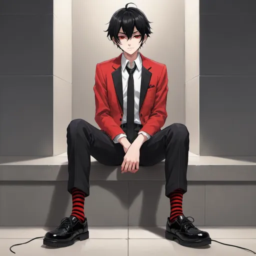 Prompt: A anime boy with black hair and a red and black suit with black socks and blacks shoes 