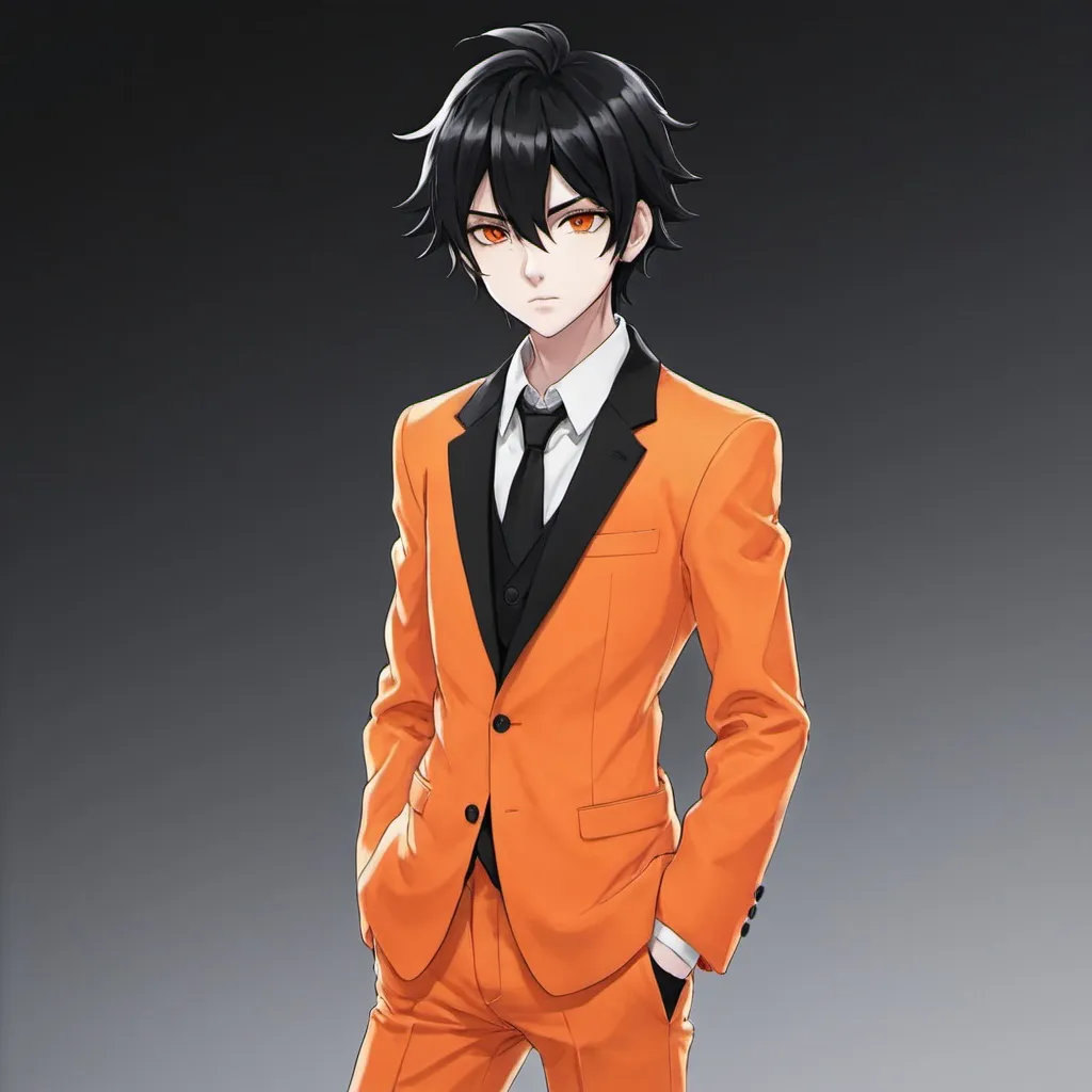 Prompt: A anime boy with a orange suit and black sock with black shoes with black and orange hair