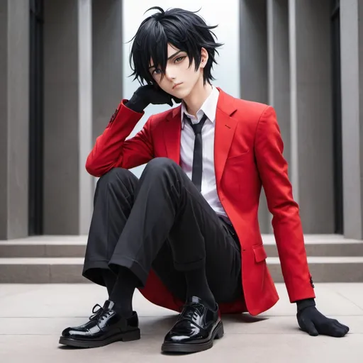 Prompt: A anime boy with black hair and a red and black suit with black socks and blacks shoes 