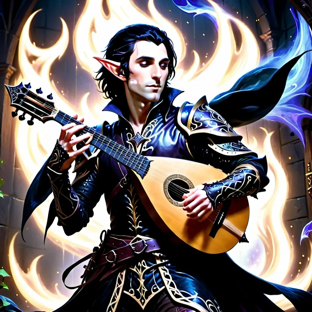 Prompt: Male Mark of shadows High Elf Bard (College of Glamour) with black hair, playing a black lute, performing in front of thousands of adoring fans, (mystical atmosphere), dramatic lighting casting shadows, (intricate studded leather armor with elegant patterns), hype expression, surrounded by floating tendrils of ghostly energy, (HD, ultra-detailed) background featuring a sold out concert.