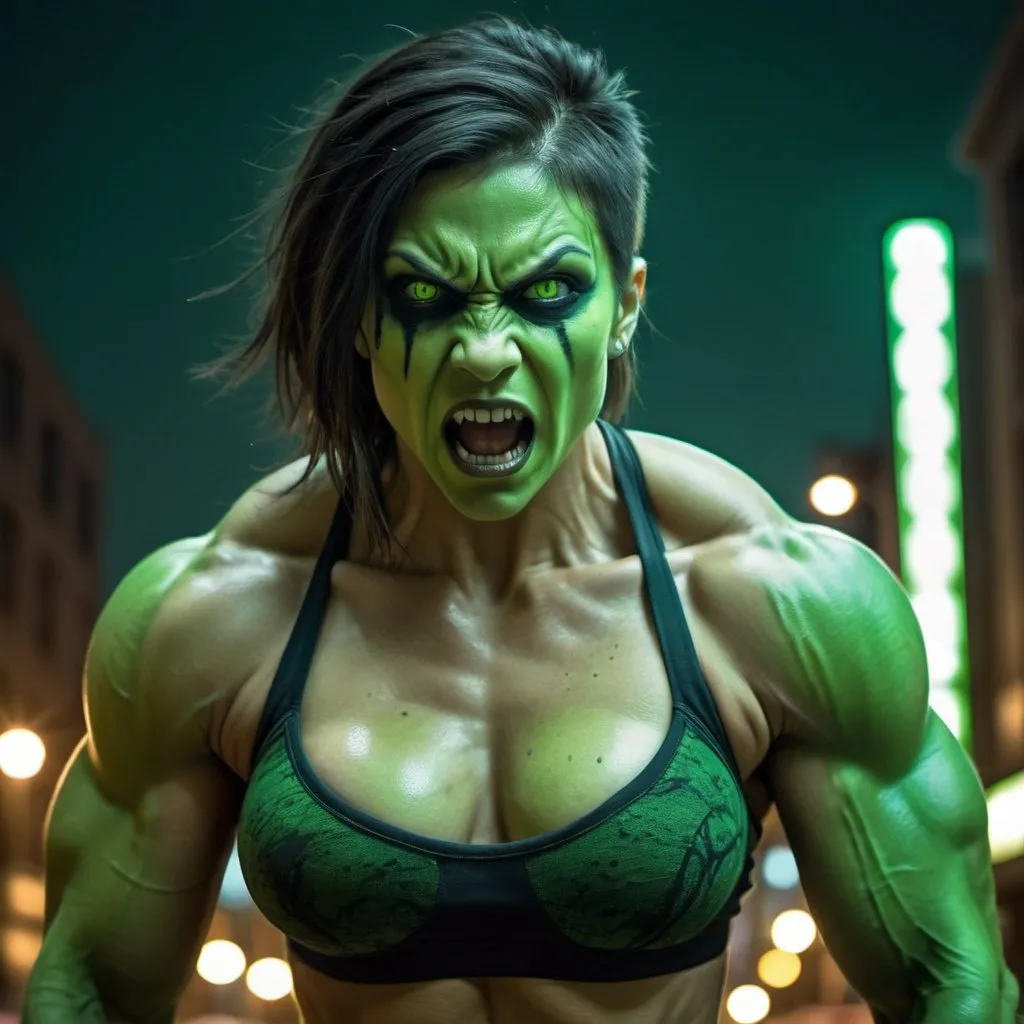 Prompt: Scary, muscular female with green skin, facing forward and roaring, urban background, 9:16 ratio, high quality, horror, muscle definition, intense gaze, city lights, detailed, green tones, atmospheric lighting