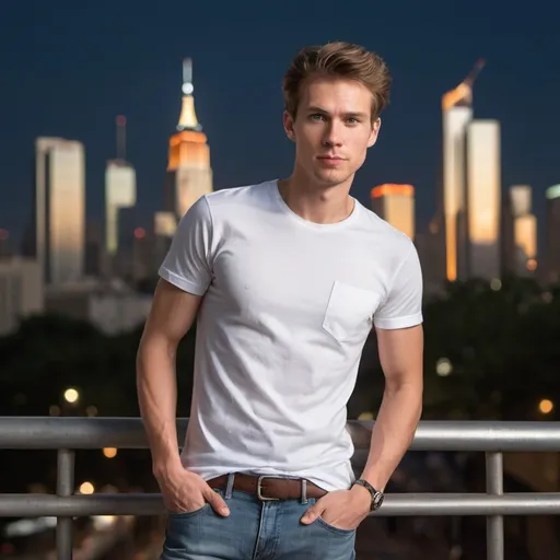 Prompt: A full-body photo of a slender Caucasian male wearing a white short-sleeved t-shirt, standing confidently in an urban setting. The city background is bustling with life, showcasing skyscrapers, busy streets, and vibrant city lights as dusk falls. The man stands in a relaxed pose, with his hands casually in the pockets of his slim-fit jeans. The image captures the essence of modern city life, with a sharp focus on the subject, soft ambient lighting that enhances the urban atmosphere, and a wide-angle lens to include the dynamic cityscape. The style is clean and realistic, emphasizing the details of the man's attire and the city's architecture.

