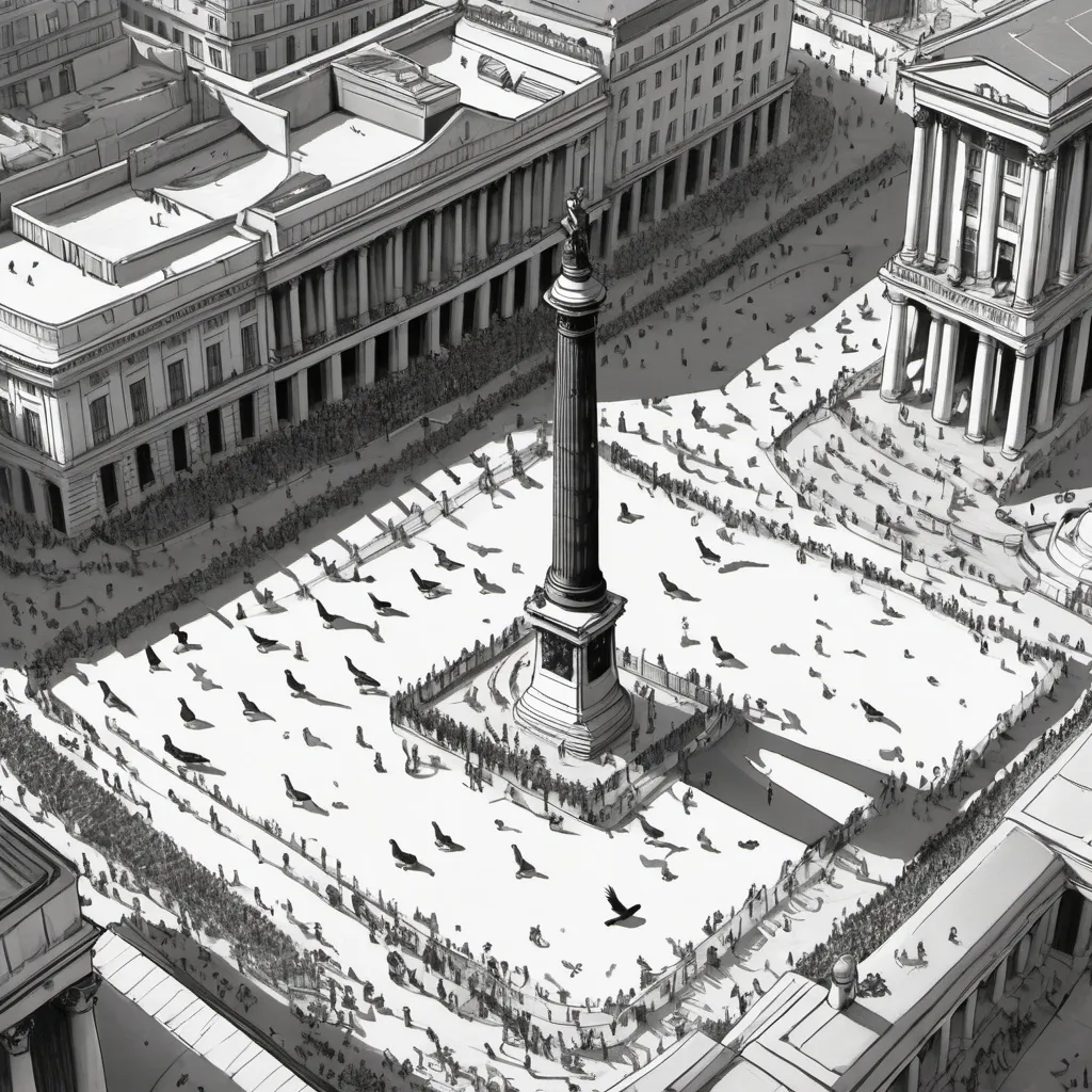 Prompt: a cartoon drawing of nelson's column from the top looking down on trafalgar square with pigeons and crowds on the ground, make it greyscale