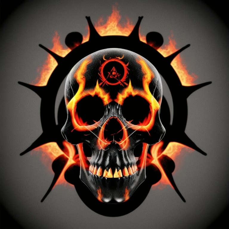 Prompt: A flaming skull with an atom sigil on it's forehead in a dark gothic setting



