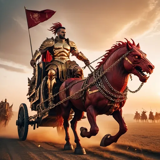 Prompt: create a surrealistic warrior character heavily armed holding a chariot of a bleeding beast with heavy chains in his hands with a big soldier army behind his chariot golden hour shot with most red and golden colors in high resolution with a close shot using sony alpha camera