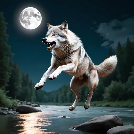 Prompt: A wolf-therian jumps over a river with the moon in the background