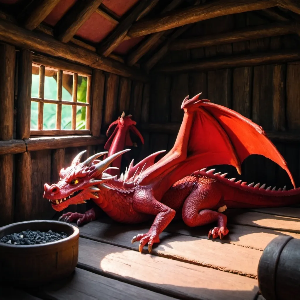 Prompt: A redish dragon lies in a hut 