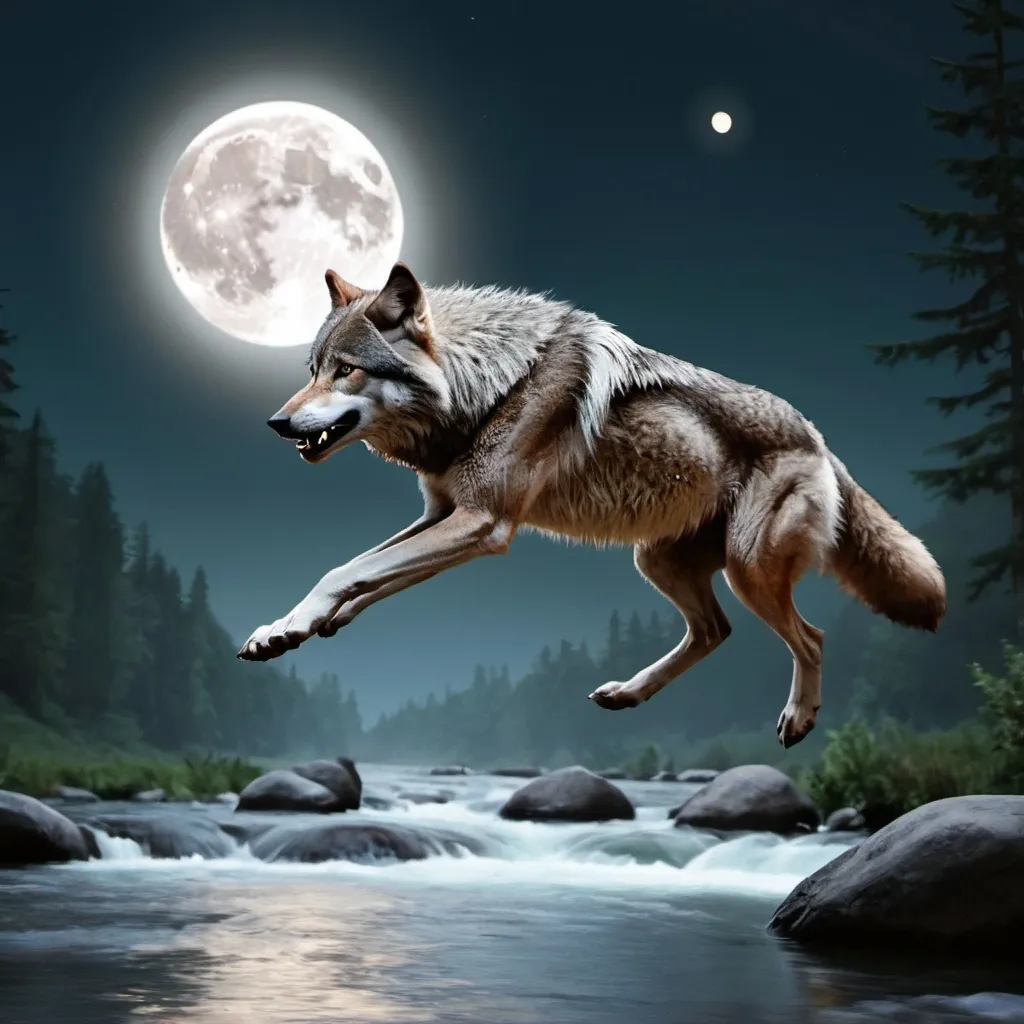 Prompt: A wolf-therian jumps over a river with the moon in the background