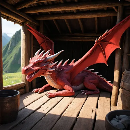 Prompt: A redish dragon lies in a hut 