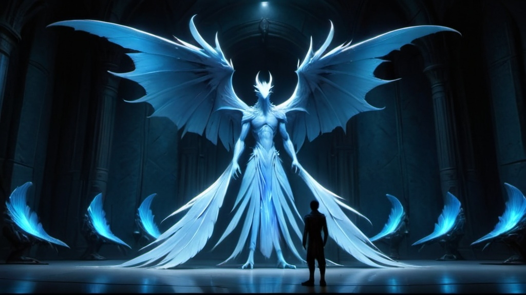 Prompt: a man standing in front of a giant blue bird in a dark room with blue lights on it's wings, Andor Basch, holography, dragon art, concept art