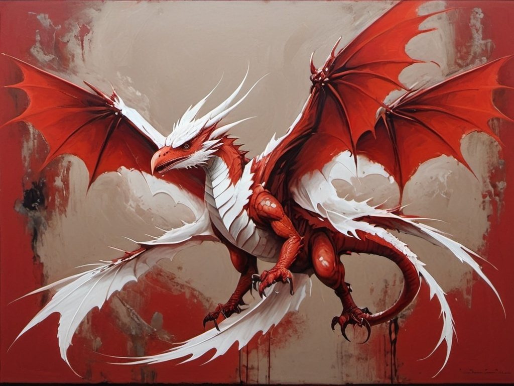 Prompt: a red and white abstract painting with a bird in the middle of it's wings and a red background, Cedric Seaut (Keos Masons), altermodern, dragon art, an ultrafine detailed painting