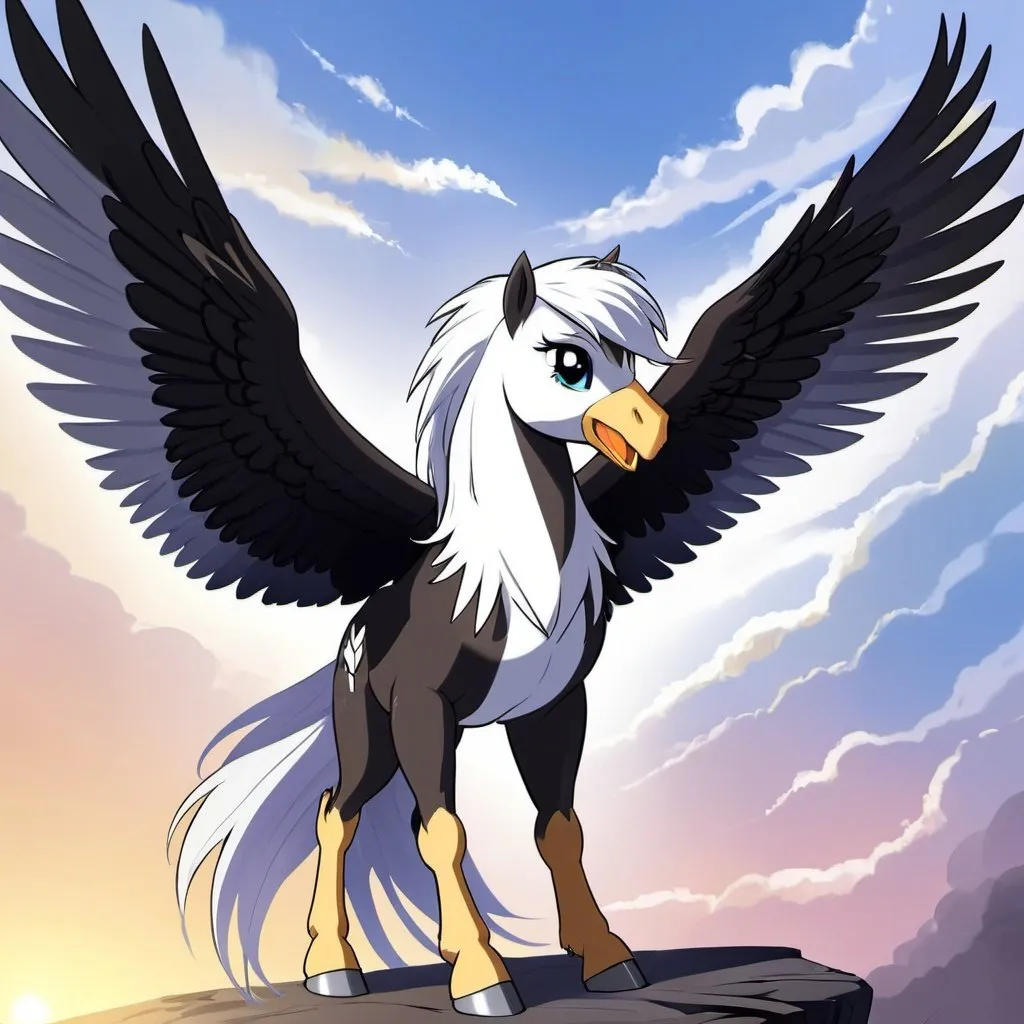 Prompt: Anime, My little pony, hippogriff, Eagle head, horse body, equine, wings, talons, feathers