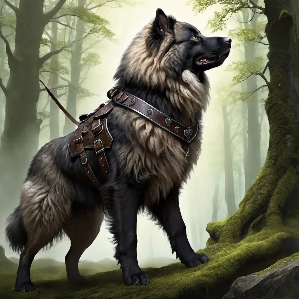 Prompt: Fantasy illustration, Action shot, Caucasian shepherd, black fur, moss fur, fantasy, collar, leather harness, leather armor, side view, sylvan
