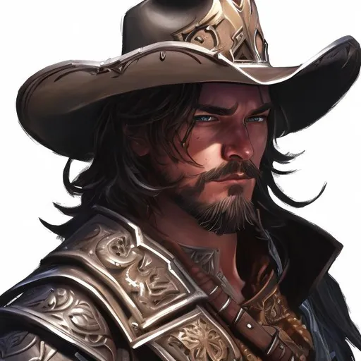 Prompt: Drawing, fantasy, Paladin of vengeance, mccree, cowboy hat, very detailed face