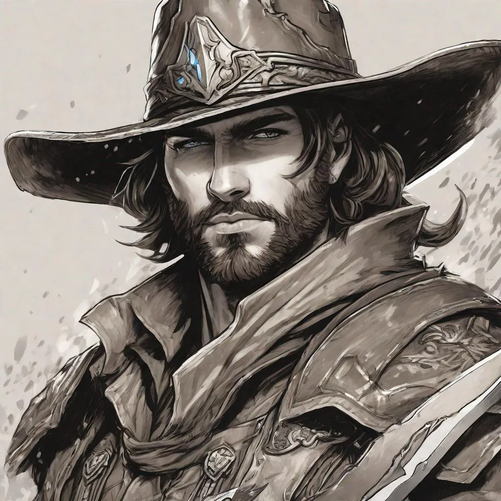 Prompt: drawing, Splash Art, fantasy paladin of vengeance, cowboy hat, medium long brown hair, short beard, very detailed face