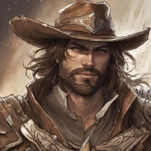 Prompt: drawing, Splash Art, fantasy paladin of vengeance, cowboy hat, medium long brown hair, short beard, very detailed face