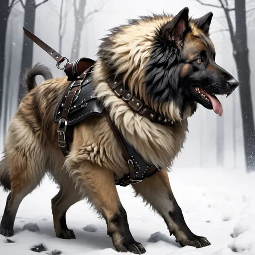 Prompt: Splash art, Action shot, Caucasian shepherd, black fur, fantasy, collar, leather harness, leather armor, side view