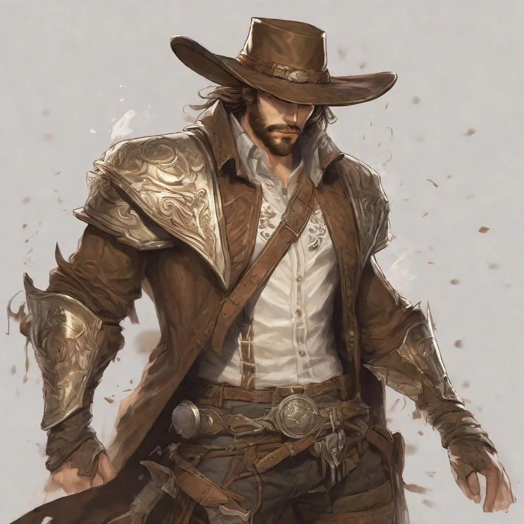 Prompt: drawing, Splash Art, fantasy paladin of vengeance, cowboy hat, medium long brown hair, short beard, very detailed face, full body