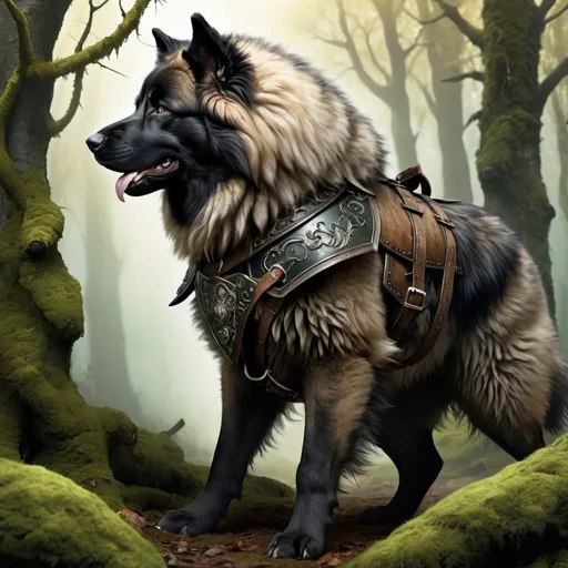 Prompt: Fantasy illustration, Action shot, Caucasian shepherd, black fur, moss as fur, thorny vines collar, leather harness, leather armor, side view