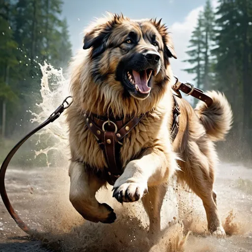 Prompt: Splash art, Action shot, Caucasian shepherd, fantasy, attacking, collar, leather harness 