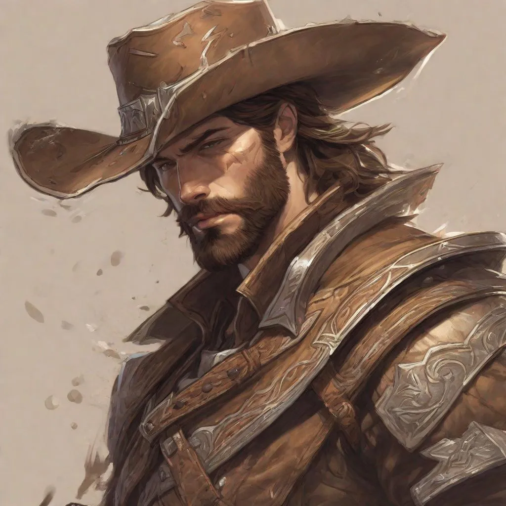 Prompt: drawing, Splash Art, fantasy paladin of vengeance, cowboy hat, medium long brown hair, short beard, very detailed face