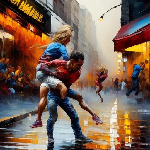 Prompt: Man carrying woman, running on street, dynamic movement, urban setting, oil painting, detailed brushwork, vibrant colors, energetic atmosphere, high energy, action-packed, street scene, dramatic lighting, realistic, urban, dynamic, oil painting, vibrant colors, detailed brushwork, high energy, action-packed, street scene, dramatic lighting, realistic