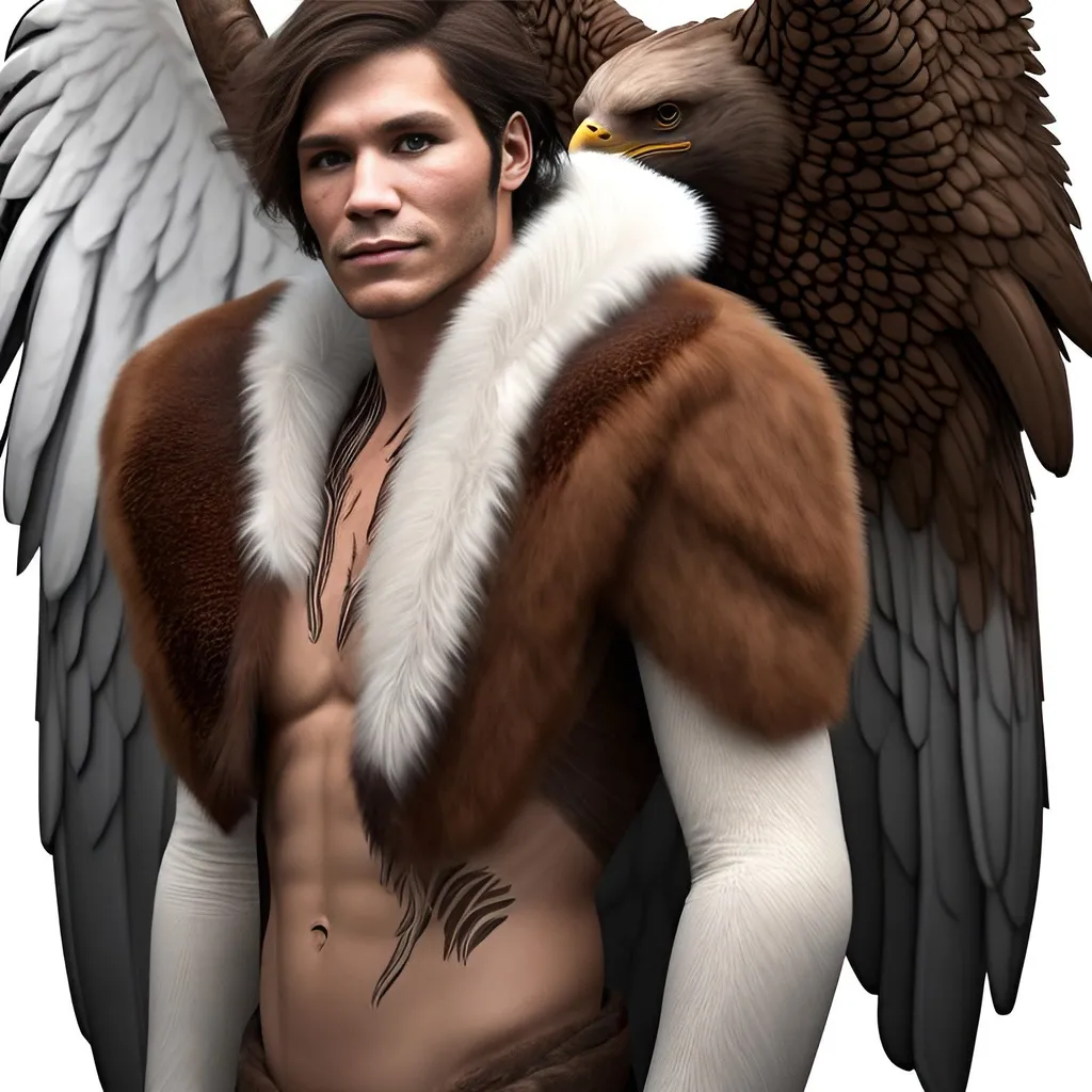 Prompt: A portrait of a human like high fae, with brown eagle wings on his back and white fur instead of hair. 