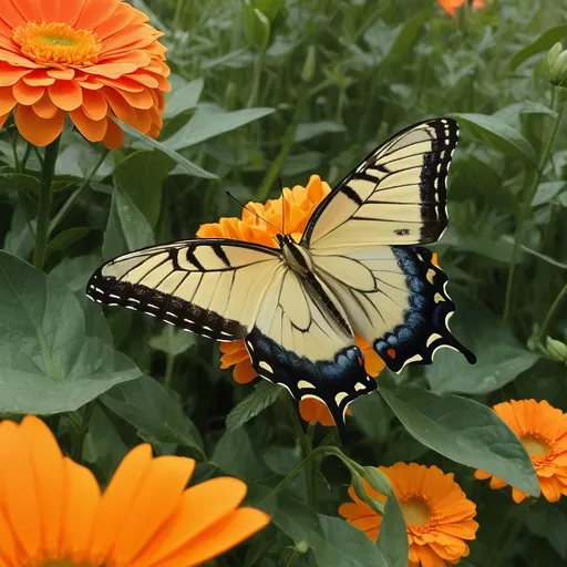 Prompt: a butterfly sitting on top of a flower filled field of orange flowers and green leaves and a yellow and white butterfly, Elaine Duillo, environmental art, summer vibrancy, a picture