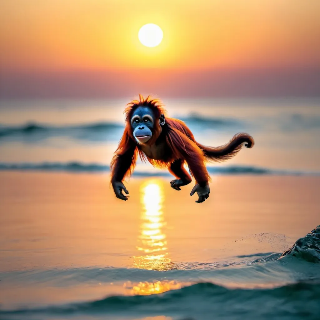 Prompt: Tiny orangutan flying over ocean sunset 