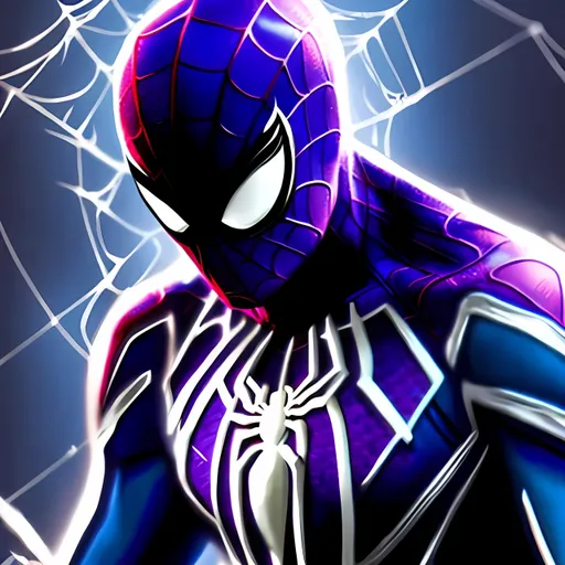 Prompt: Purple blue cyber spider man
with the mcu eyes and Symbiote white spider on the chest of the spider man and Brite blue webbing

